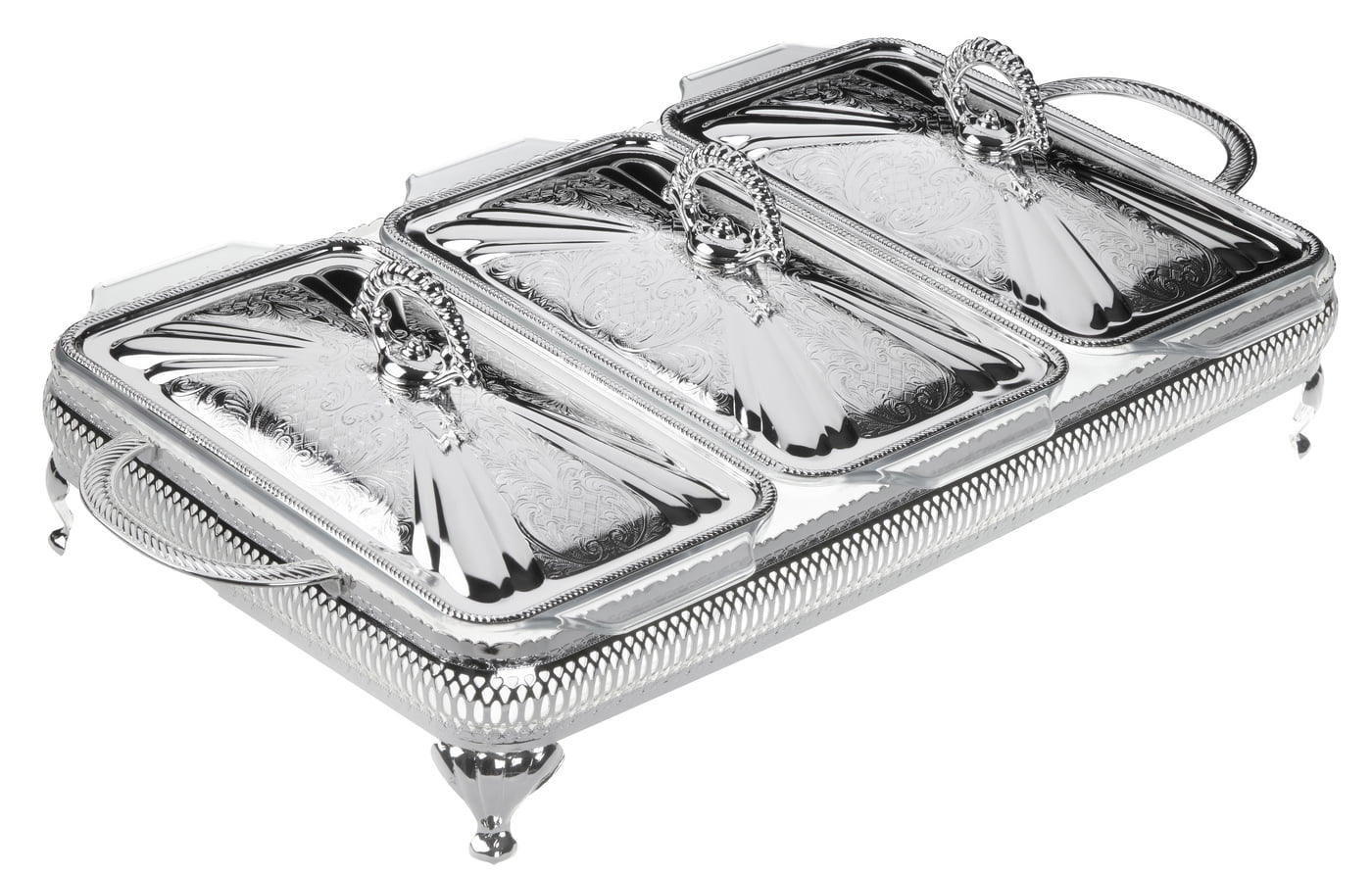 Queen Anne Triple Casserole/Lids 6h x 10w x 20 1/4l English Silver Plate (Tarnish Resistant). SKU #: 0/6303.