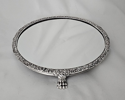 Mirror Plateau 15" Floral Border with Lion Paw Feet English Silver Plate. SKU #:C1605.