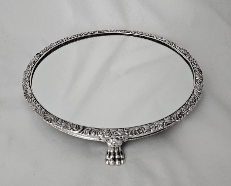 Mirror Plateau 15" Floral Border with Lion Paw Feet English Silver Plate. SKU #:C1605.