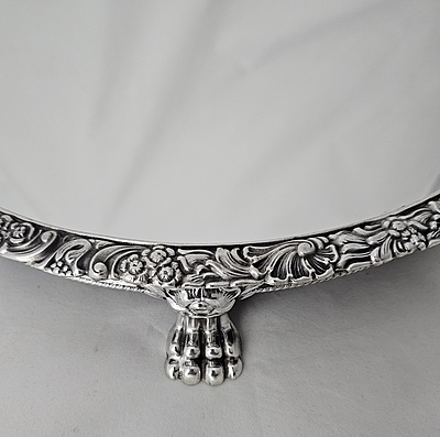 Mirror Plateau 15" Floral Border with Lion Paw Feet English Silver Plate. SKU #:C1605.