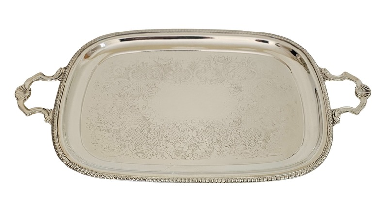 2 Handle 23.5" x 13.5" Engraved Tray English Silver Plate c.1950. SKU #: A631.