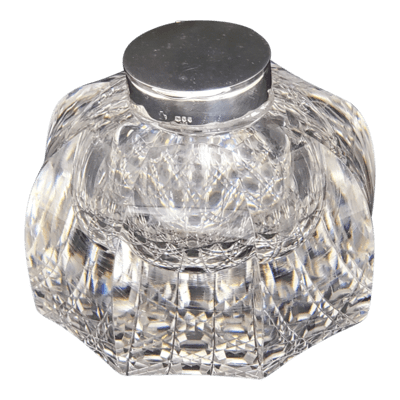 Antique Victorian Crystal Inkwell With Sterling Silver Lid