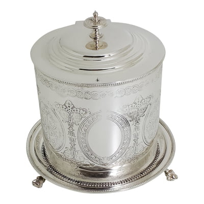 Vintage Embossed Silver Cookie Biscuit Tin - Round