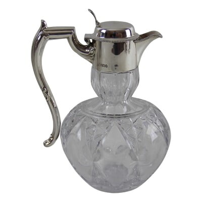 Crystal Glass Diamond Cut & Silverplated Top Lid, Handle Claret Jug Ewer  Decanter Wine Pitcher Circa 1930s-1940s Barware Heavy 