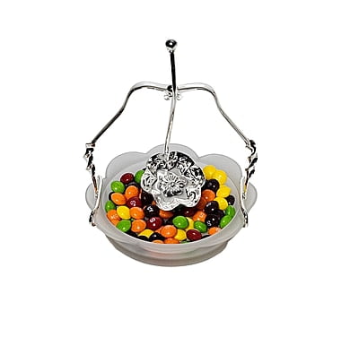 Frosted Scalloped Glass Dish With Silver Plated Handle & Hanging Spoon. SKU #: ANT3090. Frosted Scalloped Glass Dish With Silver Plated Handle & Hanging Spoon. SKU #: ANT3090.