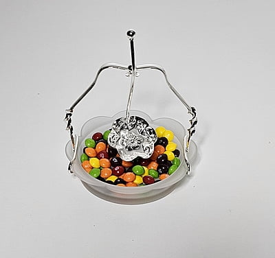 Frosted Scalloped Glass Dish With Silver Plated Handle & Hanging Spoon. SKU #: ANT3090. Frosted Scalloped Glass Dish With Silver Plated Handle & Hanging Spoon. SKU #: ANT3090.