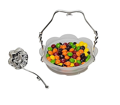 Frosted Scalloped Glass Dish With Silver Plated Handle & Hanging Spoon. SKU #: ANT3090. Frosted Scalloped Glass Dish With Silver Plated Handle & Hanging Spoon. SKU #: ANT3090.