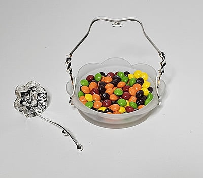 Frosted Scalloped Glass Dish With Silver Plated Handle & Hanging Spoon. SKU #: ANT3090. Frosted Scalloped Glass Dish With Silver Plated Handle & Hanging Spoon. SKU #: ANT3090.