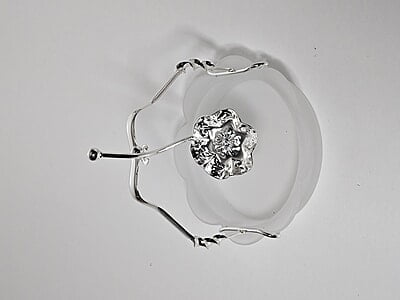 Frosted Scalloped Glass Dish With Silver Plated Handle & Hanging Spoon. SKU #: ANT3090. Frosted Scalloped Glass Dish With Silver Plated Handle & Hanging Spoon. SKU #: ANT3090.