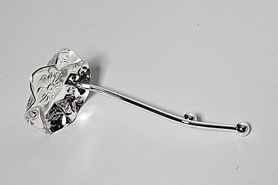 Frosted Scalloped Glass Dish With Silver Plated Handle & Hanging Spoon. SKU #: ANT3090. Frosted Scalloped Glass Dish With Silver Plated Handle & Hanging Spoon. SKU #: ANT3090.