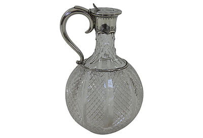 Crystal Glass Diamond Cut & Silverplated Top Lid, Handle Claret Jug Ewer  Decanter Wine Pitcher Circa 1930s-1940s Barware Heavy 