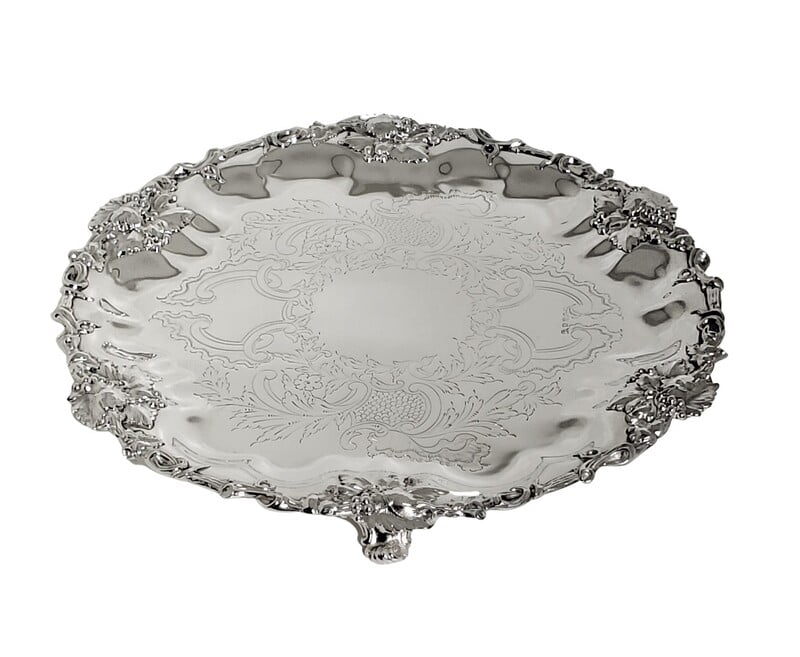 Salver 11" Engraved on 3 Feet Elaborate Border English Silver Plate c.1870