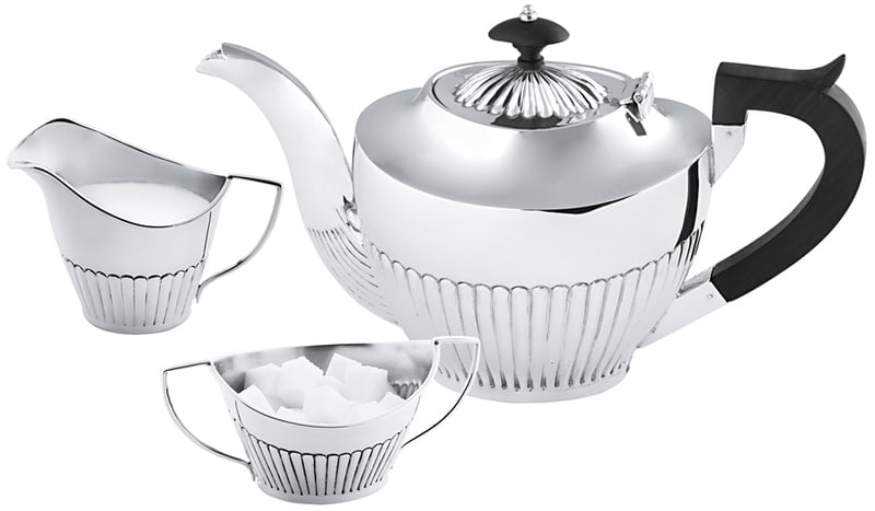 Queen Anne Style 3 Piece Tea Set English Sterling Silver Teapot is 11 3/4" x 6 7/8," Creamer is... Queen Anne Style 3 Piece Tea Set English Sterling Silver Teapot is 11 3/4" x 6 7/8," Creamer is...