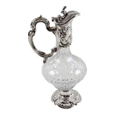 Crystal Glass Diamond Cut & Silverplated Top Lid, Handle Claret Jug Ewer  Decanter Wine Pitcher Circa 1930s-1940s Barware Heavy 