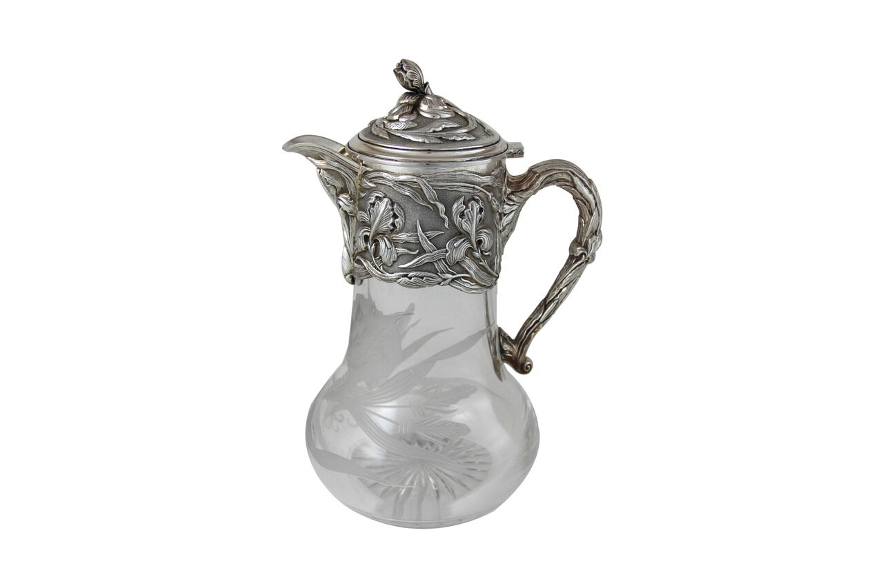 Crystal Glass Diamond Cut & Silverplated Top Lid, Handle Claret Jug Ewer  Decanter Wine Pitcher Circa 1930s-1940s Barware Heavy 