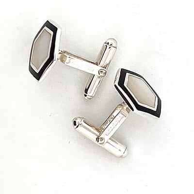 Cufflinks Mother of Pearl & Black Onyx Hexagonal Swivel Design English Sterling Silver. SKU #: CU380.