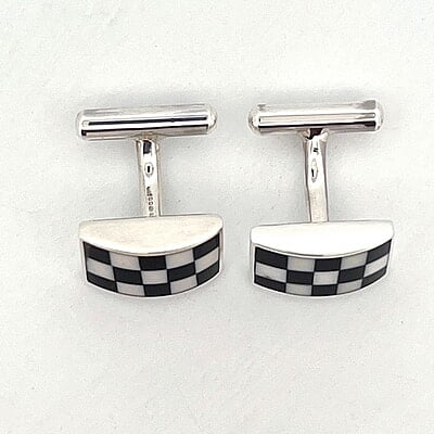 SILVER CUFFLINK-Checkered Black & White Rectangular Shape. SKU #: CU438.