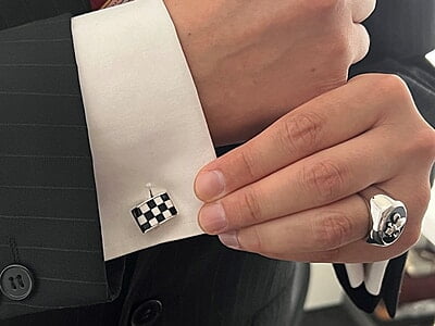 SILVER CUFFLINK-Checkered Black & White Rectangular Shape. SKU #: CU438.