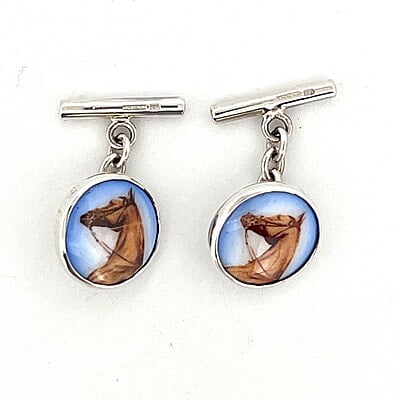 Cufflinks Enamel Horse Head Chain Link Design English Sterling Silver. SKU #: CU458.