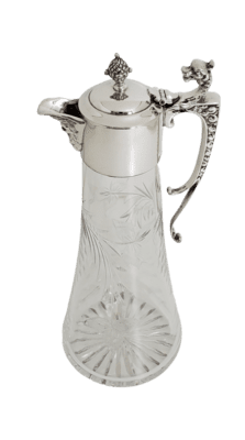 Crystal Glass Diamond Cut & Silverplated Top Lid, Handle Claret Jug Ewer  Decanter Wine Pitcher Circa 1930s-1940s Barware Heavy 