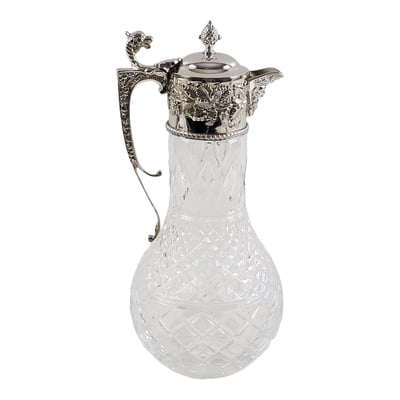 Crystal Glass Diamond Cut & Silverplated Top Lid, Handle Claret Jug Ewer  Decanter Wine Pitcher Circa 1930s-1940s Barware Heavy 